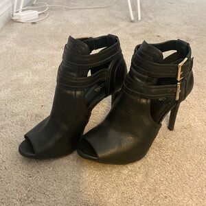 Michael Kors Blaze Open Toe Ankle Bootie with Double Strap, Black, Size 7